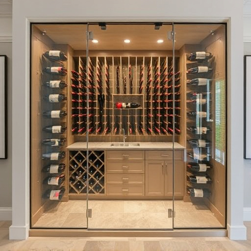 frameless glass wine enclosures lake Orion Michigan,custom wine storage solutions,frameless glass wine racks